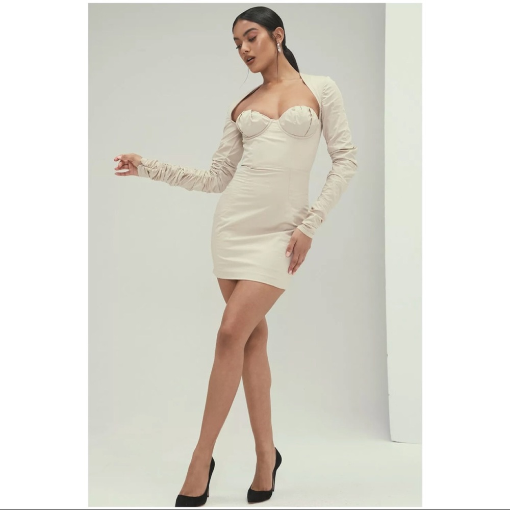 MISTRESS ROCKS 'Star Crossed' Beige Ruched Sleeve Mini Dress S - Picture 2 of 9